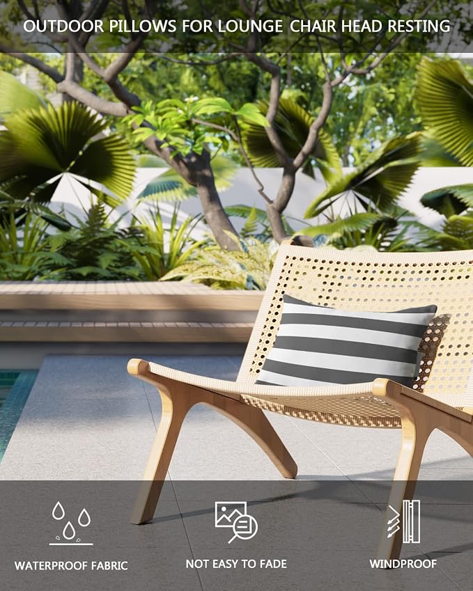 T&H XHome Outdoor Pillow for Chaise Lounge Chair, Deep Gray and White Stripe Waterproof Headrest Pillow Lumbar Pillows with Adjustable Elastic Strap for Beach, Poolside, Patio, Office (2 Pack)