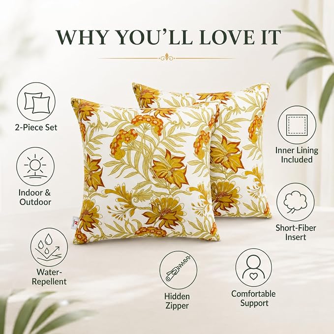 Waterproof Outdoor Throw Pillows with Inserts 18 x 18 Inch | Pack of 2 Decorative Patio Pillows, Square Outdoor Pillows for Patio Furniture Porch Garden Deck Balcony Couch and Sofa