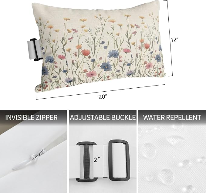 Outdoor Pillow for Chaise Lounge Chair Garden Watercolor Flower on Burlap Headrest Pillow with Adjustable Strap Set of 2,12x20 inch, Blossom Floral Botanical Leaves Head Pillows for Patio Pool