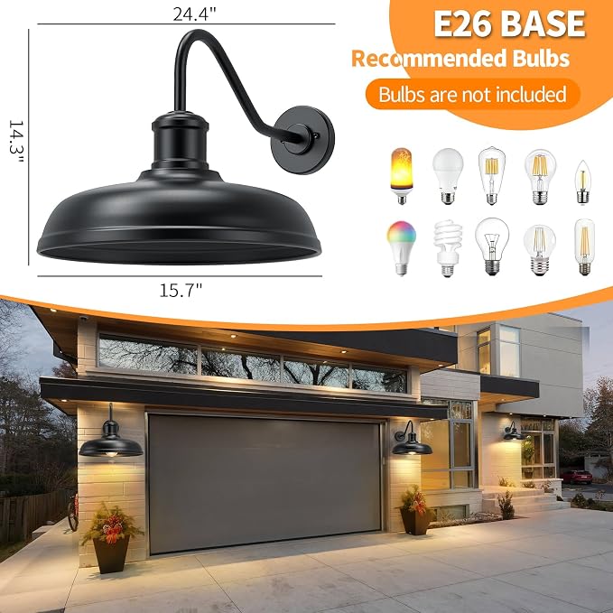 16'' Dome Large Gooseneck Barn Light Outdoor, Farmhouse Light, 2 Packs | Exterior Lighting Fixture, Industrial Outdoor Wall Sconce Outside Lantern for House, Porch, Garage, Black (No Sensor)