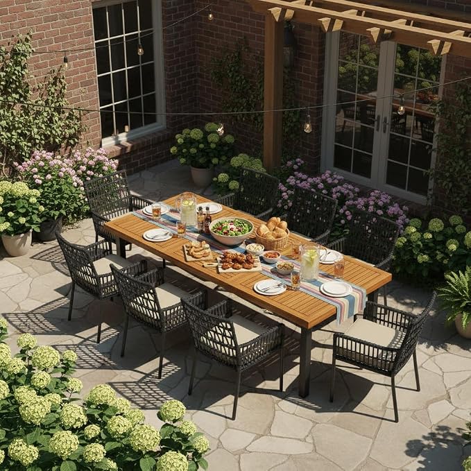 Tangkula 79" Acacia Wood Patio Dining Table for 8, Large 8-Person Outdoor Dining Table with 1.9" Umbrella Hole, Metal Legs & Adjustable Foot Pads, Rectangular Outside Table for Garden, Poolside & Yard