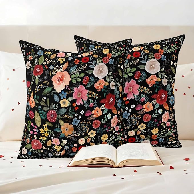 Watercolor Flowers Waterproof Outdoor Pillow Covers 16''x16'' Set of 2, Farmhouse Floral Patio Furniture Black Cushion Covers for Chairs, Decorative Vintage Wildflowers Pillow Cases for Garden/Pool