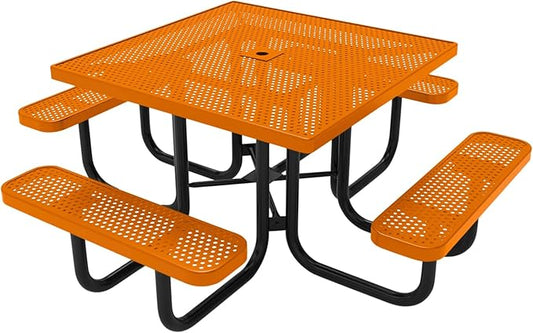 COATEDOUTDOORFURNITURE Heavy-Duty Portable Outdoor Picnic Table with Umbrella Hole, Punched Steel Commercial-Grade Patio Dining Furniture Made in America (46" Square Top, Orange)