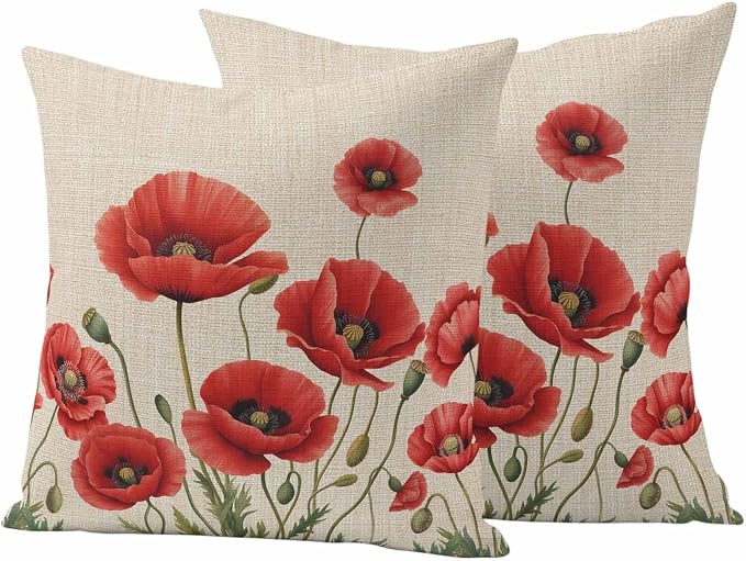 Flowers Outdoor Waterproof Throw Pillow Covers 18"x18" Set of 2, Red Opium Poppy Flowers Vintage Linen Decorative Garden Pillowcase with Zipper Cushion Case for Patio Couch Tent
