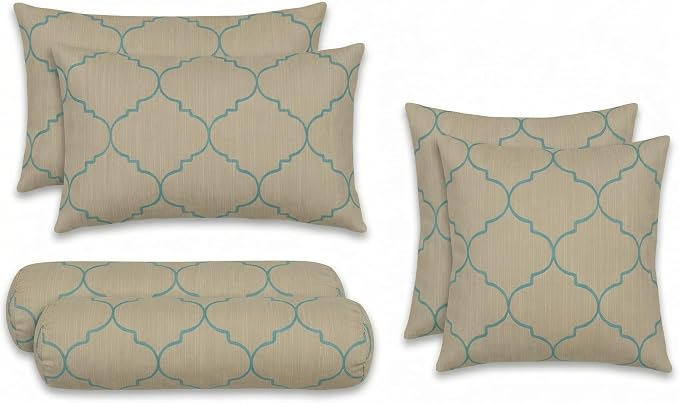 RSH DECOR: Sunbrella 6-Pack Pillow Set | Water & Fade-Resistant Fabric | 17" Square, 20"x12" Lumbar, 20"x6" Neck Roll | Outdoor Pillows for Patio Furniture | Made in USA (Trellis Geo II Mist)