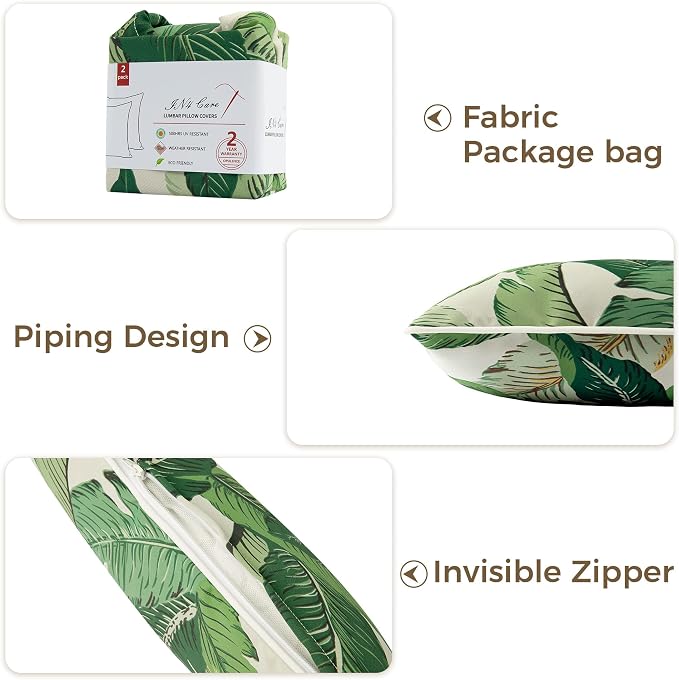 Lumbar Pillow Covers Set of 2, Outdoor Indoor Waterproof Decorative Patio Lumbar Pillowcase Shell 12x20 Inch, Rectangular Cushion Case for Couch Sofa Garden Farmhouse-Green Palm Leaf