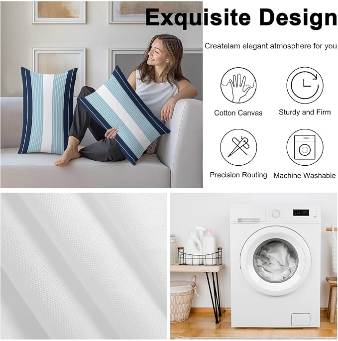 Navy Blue Aqua Stripe Outdoor Pillow Covers Waterproof, All Weather Cushion Case Set of 2, Modern Art Horizontal Striped Lumbar Pillowcase for Sofa Couch Bed Decor Patio Furniture 20"x12"