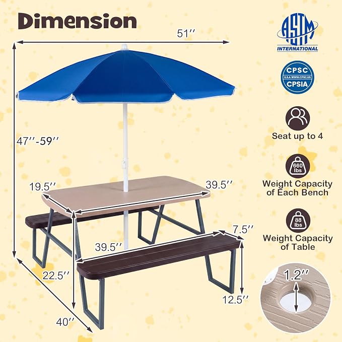 HONEY JOY Kids Picnic Table, 4 Person Toddler Outdoor Table and Chair Set, Built-in Benches, Removable Umbrella, Metal Frame & HDPE Top, Children Outdoor Furniture for Backyard Patio Garden (Coffee)