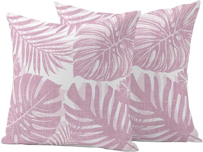 Pink Palm Leaves Outdoor Pillow Covers 18"x18" Set of 2, Tropical Botanical Minimalist Modern Waterproof Throw Pillow Covers for Patio Furniture, Decorative Cushion Covers for Porch