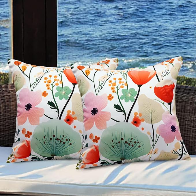 Floral Outdoor Throw Pillow Covers 18x18 Waterproof Colorful Summer Spring Garden Decorative Square Patio Pillows Outdoor Pillows Covers for Patio Furniture Set of 2 (No Pillow Insert)