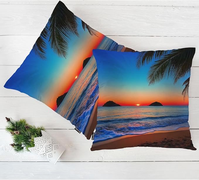 Swono Ocean Beach Set of 2 Throw Pillow Covers Hawaii Ocean Sea Palm Tree Sunset 18x18 Inches Pillow Cases Standard Cushion Cover Square Pillowcases for Men Women Decorative Home Bed Sofa