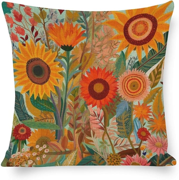 Throw Pillows Colorful Painting of Sunflowers Poppies Cushion Case 16"x16" Beautiful Flower Pattern Linen Cushion Case Decoration for Sofa Couch Decorative Cutton Linen Cushion Cases