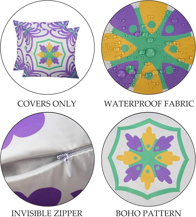 Pyonic Purple Outdoor Pillows Waterproof Throw Pillow Covers Set of 4 Floral Printed and Boho Farmhouse Outdoor Pillow Covers for Patio Funiture Garden 18x18 Inch