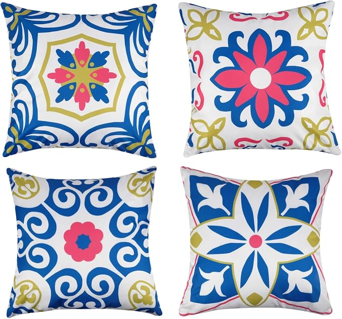 Pyonic Outdoor Pillows Waterproof Throw Pillow Covers Set of 4 Floral Printed and Boho Farmhouse Outdoor Pillow Covers for Patio Funiture Garden 18x18 Inch