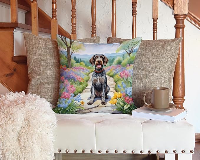 Caroline's Treasures German Wirehaired Pointer Spring Path Throw Pillow Machine Washable, Indoor Outdoor Decorative Pillow for Couch, Bed or Patio, 14Hx14W