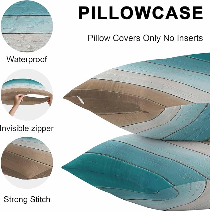 Teal Brown Outdoor Pillow Covers 18x18 Inch Throw Pillow Covers Set of 2 Waterproof Decorative Pillow Cases Rustic Vintage Abstract Ombre Wooden Plank Cushion Covers for Patio Furniture Garden Couch
