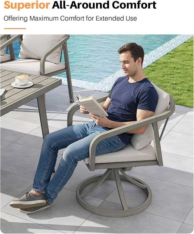 2-Piece Outdoor Swivel Chairs, Patio Dining Chairs with Removable Cushions, Never-Rust Aluminum Outdoor Dining Chairs with Wraparound Seating Design for Garden, Deck, Backyard, Gray Oak