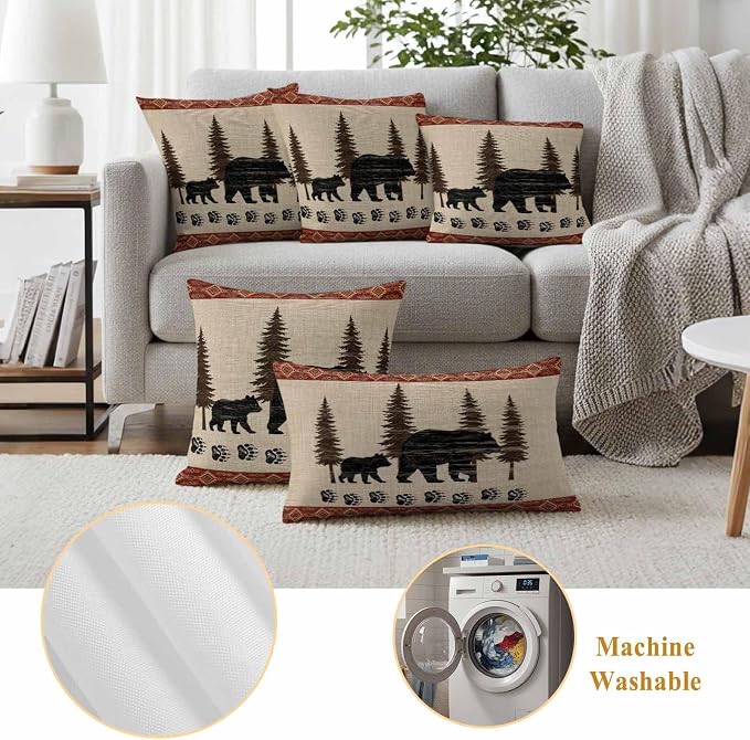Bear Outdoor Waterproof Throw Pillow Covers 20 x 12 Inches Set of 2 Pine Forest Nature Bear Nature Vintage Boho Decorative Cushion Cover Pillowcase for Garden Patio Tent Beach Livingroom Sofa Couch