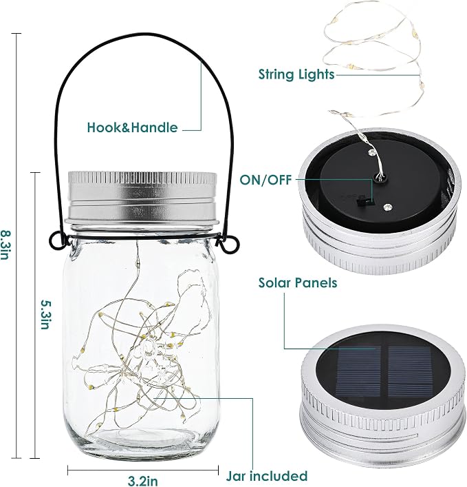 GIGALUMI Hanging Mason Jar Solar Lights, 6 Pack 30 Led Hanging Lantern | Solar Lanterns Outdoor Waterproof, Hangers and Jars Included, Outdoor Decor for Balcony, Garden, Patio, Yard, Wedding