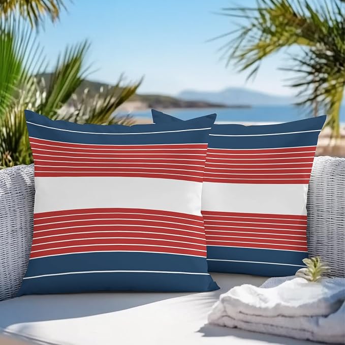 Navy Blue Red Stripe Outdoor Pillow Covers Waterproof, All Weather Cushion Case Set of 2, Modern Art Horizontal Striped Decorative Pillowcases for Sofa Couch Bed Decor Patio Furniture 18"x18"