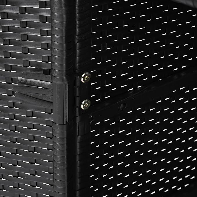 RUNNA Wicker Outdoor Storage Cabinet with Tempered Glass Desktop, Weather-Proof Rattan Bar Table with Three Doors, Adjustable Shelf, and One Drawer, for Outdoor Cushions, Pool Toys (Black Brown@045)