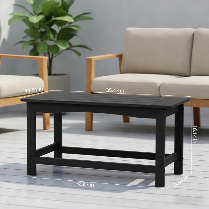 Outdoor Coffee Table, 35.4" x 17.5" All Weather Rectangle Patio Coffee Side Table for Garden Lawn Porch Poolside Balcony (Black)
