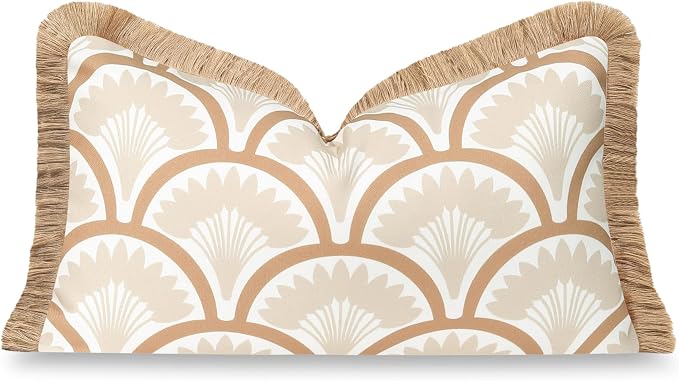 Hofdeco Premium Coastal Hampton Patio Indoor Outdoor Lumbar Pillow Cover Only, 12"x20" Water Repellent for Backyard, Couch, Poolside, Neutral Tan Print Tropical Ravenala Palm Tree