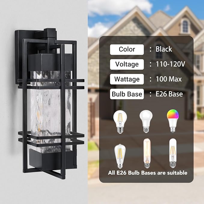 15" Outdoor Porch Light Fixtures Wall Mount, Modern Lantern Lamp,Black | Water Ripple Glass, Rustproof Metal Frame, Waterproof,E26 Base, T30 Bulbs Included, Wall Lantern for Porch, Garage