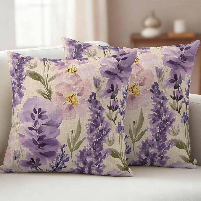 Spring Flowers Outdoor Waterproof Throw Pillow Covers Set of 2, 16"x16", Lavender Leaf Purple Floral Vintage Decorative Pillow Covers Outside Cushion Case for Patio Porch Garden