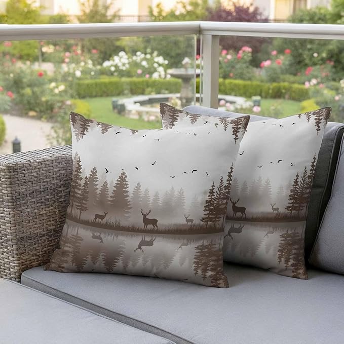 Yukro Brown Nature Landscape Outdoor Waterproof Pillow Covers Pack of 2, Deer Misty Lake Foggy Forest Birds Throw Pillowcases Decorative Cushion Covers for Garden Patio Tent Sofa Couch, 20x20 inch
