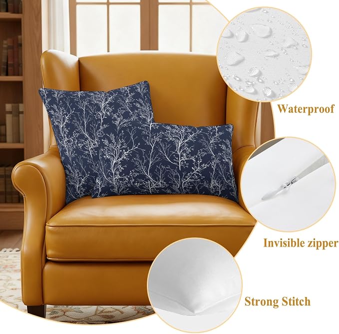 Navy Blue Branches Waterproof Outdoor Pillow Covers Set of 2 Home Decor, Abstract Art Leaves Plant Lumbar Pillowcase Patio Pillow Covers for Couch Bench Patio Furniture Garden 20x20in