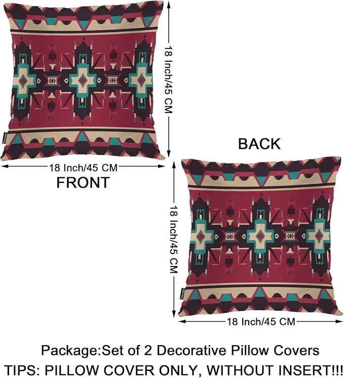 Swono Ethnic Geometric Decorative Throw Pillow Cushion Covers, Native American Style Aztec Pattern Cozy Pillowcase Home Decor Double-Sided Pillow Covers for Home Office Car 18x18 Set of 2, Red