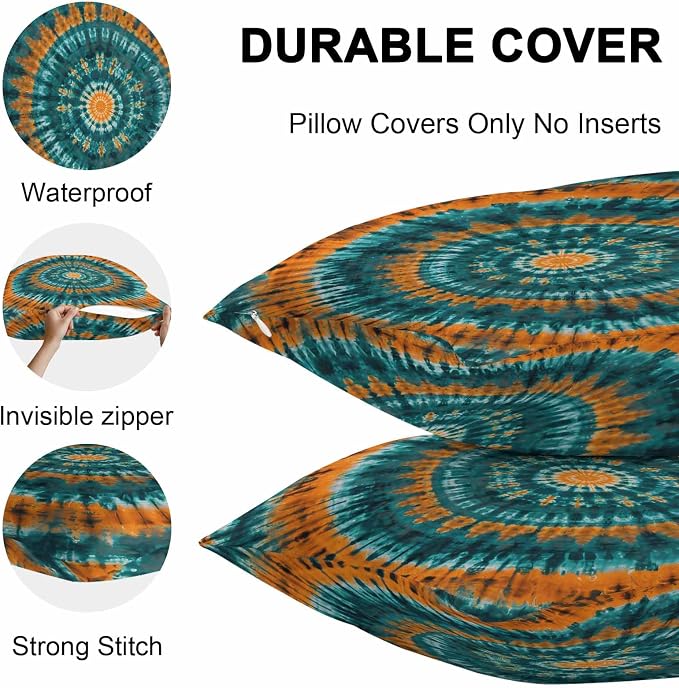 Vandarllin Outdoor Throw Pillows Covers 18x18 inch Set of 2 Waterproof Turquoise Orange Tie-Dye Art Decorative Zippered Cushion Covers for Patio Furniture, Abstract Boho Tribe Lumbar Pillowcases