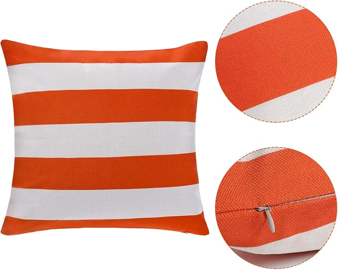 tiggell 4 Pack Waterproof Pillow Covers Outdoor Throw Pillowcases Decorative Garden Cushion Case for Home Garden Patio Couch Balcony Striped (Orange & White, 18 * 18 inch)