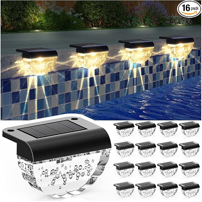 Melunar 16 Pack Solar Deck Lights Outdoor, Solar Step Lights Waterproof for Outside, Yard, Patio, Garden, Pool, Railing, Stairs, Fence (Warm White)