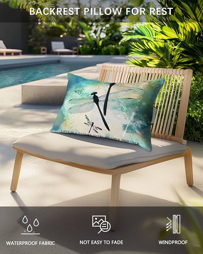 Pack of 2 Outdoor Lumbar Pillow Covers 12x20 Inch, Watercolor Dragonfly Waterproof Throw Pillow Covers Set, Turquoise Blue Ombre Animals Indoor&Outdoor Decorative Cushion Cases for Patio Porch Beach