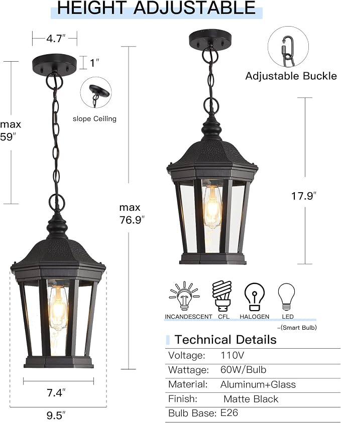 Large Outdoor Pendant Light 17.9" Black Hanging Lantern Lights