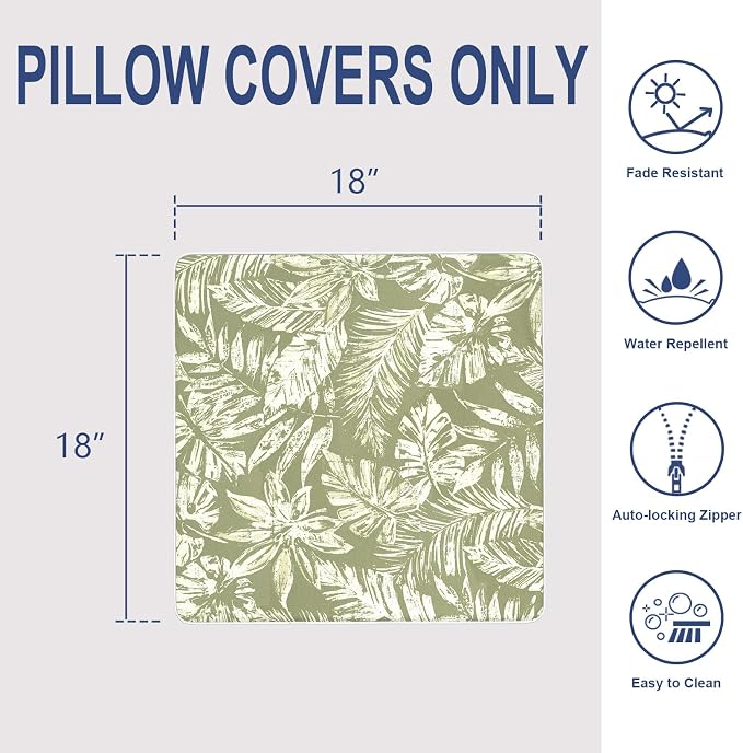 Outdoor Throw Pillow Covers Pack of 2, Decorative Water Repellent Square Pillow Cases with Piping 18x18 Inch, Tropical Leaf Green