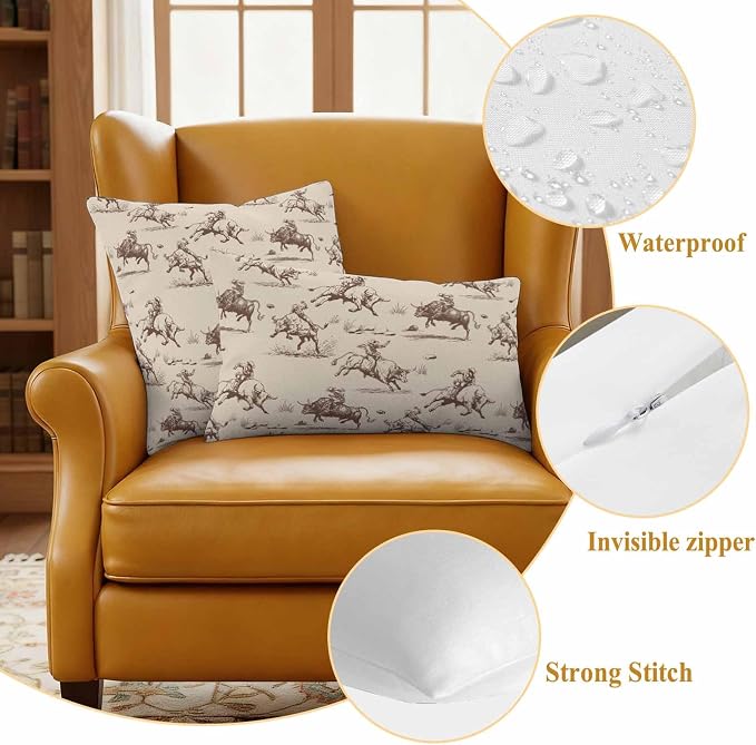 Western Cowboys Outdoor Pillow Covers Waterproof, All Weather Cushion Case Set of 2, Vintage Farmhouse Cow Nature Scenery Decorative Pillowcases for Sofa Couch Bed Decor Patio Furniture 20"x20"