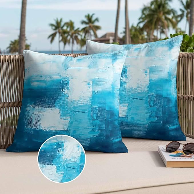 Blue Outdoor Waterproof Throw Pillow Covers Set of 2, 16"x16", Abstract Oil Painting Decorative Pillow Covers Outside Cushion Case for Patio Porch Garden