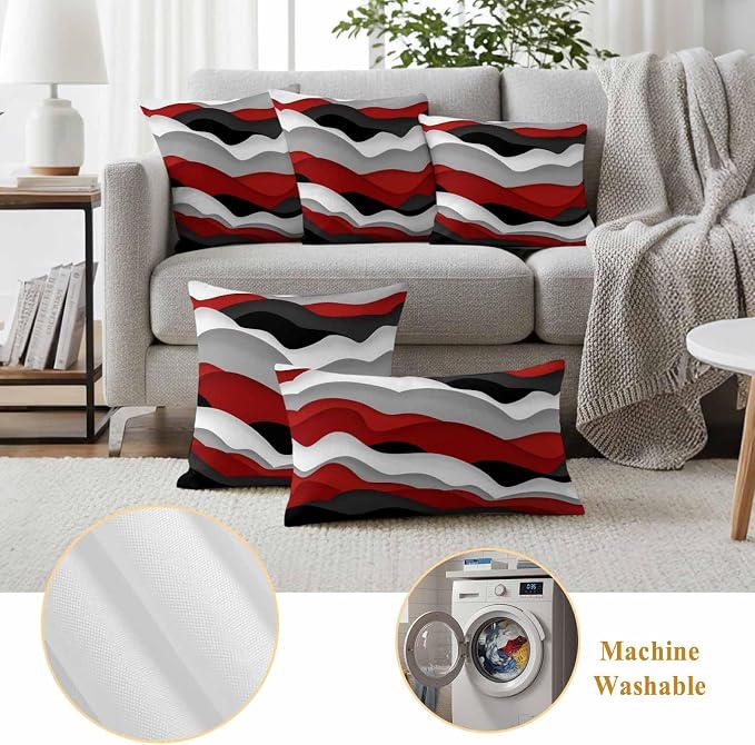 Ocean Waves Outdoor Waterproof Throw Pillow Covers Set of 2, 20"x20", Black Red Wave Gradient Decorative Pillow Covers Outside Cushion Case for Patio Porch Garden
