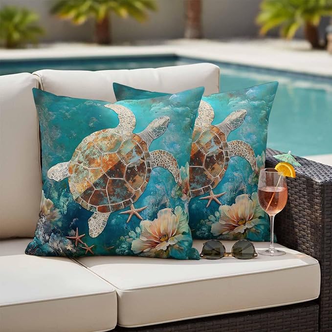 Ocean Turtle Outdoor Waterproof Throw Pillow Covers Set of 2, 26"x26", Marine Life Retro Starfish Coral Abstract Decorative Pillow Covers Outside Cushion Case for Patio Porch Garden