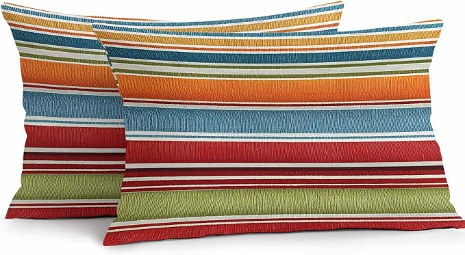 Yukro Color Striped Outdoor Waterproof Pillow Covers Pack of 2, Orange Blue Red Green Stripes Abstract Modern Throw Pillowcases Decorative Cushion Covers for Garden Patio Tent Sofa Couch, 20x12 inch