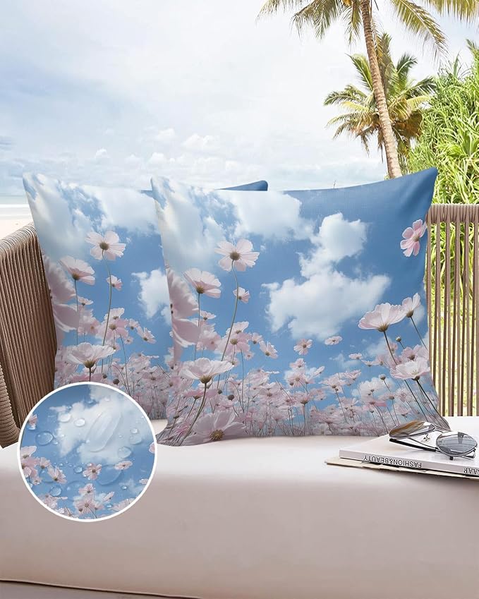 Vandarllin Outdoor Throw Pillows Covers 16x16 inch Set of 2 Waterproof Blue Sky Cloud Decorative Zippered Cushion Covers for Patio Furniture, Pink Flower Lumbar Pillowcases