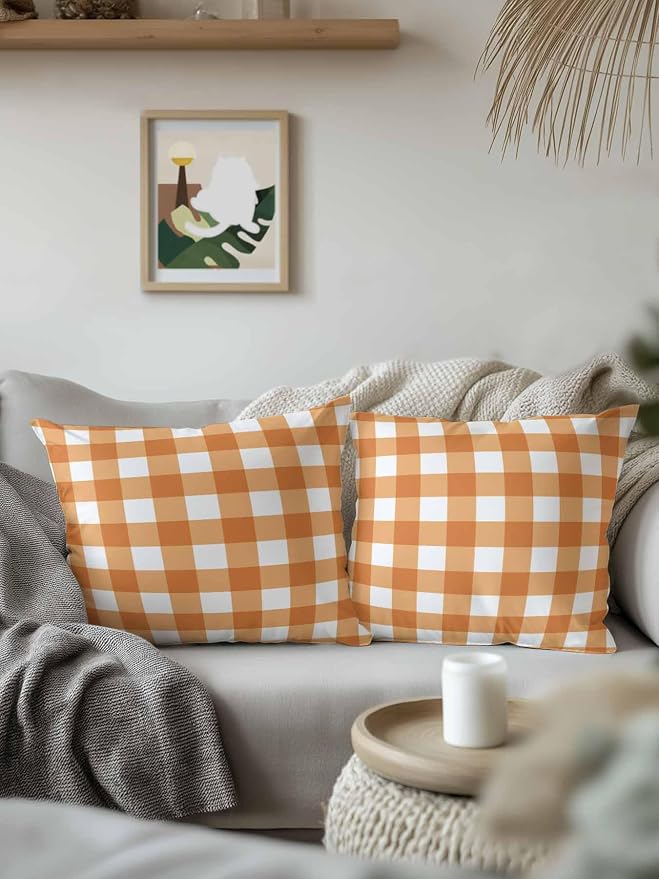 Waterproof Outdoor Pillow Set of 2 Orange Buffalo Plaid Decorative Throw Pillows Cover & Insert 18x18 Inch Pillowcase Check Lines Square Pillows for Couch Sofa Bed Patio Furniture Indoor Outdoor
