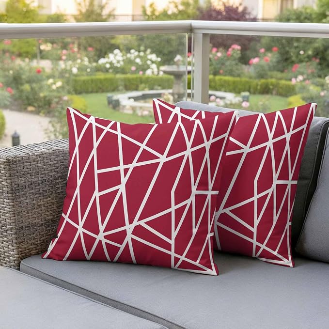 Outdoor Pillow Covers Waterproof, Red Geometric Decorative Square Throw Pillowcases Patio Cushion Covers for Tent/Garden, 24" x 24" 2 Pack, Abstract Stripes Modern Minimalist
