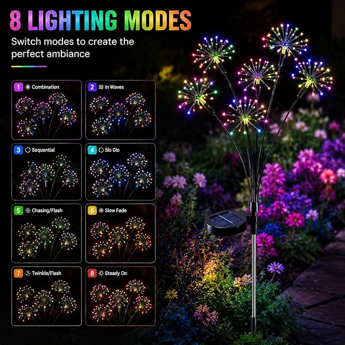 Solar Firework Garden Lights with 8 Modes, IP65 Waterproof Garden Decoration Lights