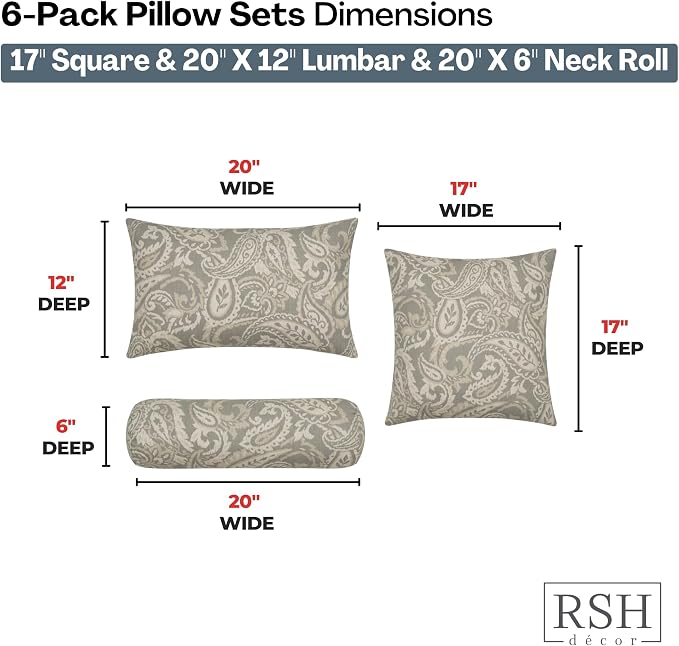 RSH DECOR Set of 6 Outdoor Pillow, Outdoor Pillows for Patio, Pillows w/Polyester Pillow Cases | Water & Fade Resistant Fabric | 17" Square, 20x12 Lumbar, 20x6 Neck Roll - Ayideal Fossil