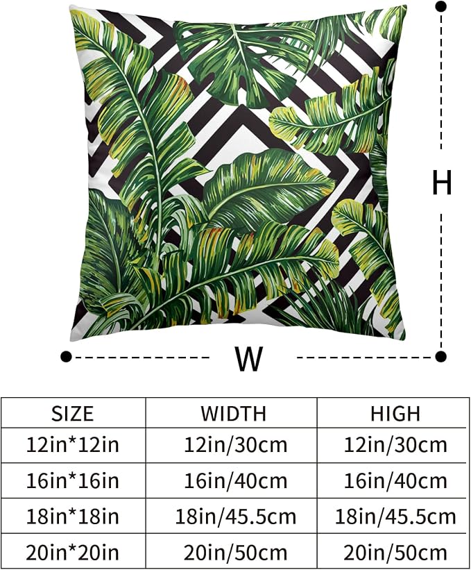 Tropical Green Banana Leaf Throw Pillow Covers Black and White with Stripe Pillowcase Square Decorative Cushion Cases Cotton Blend Outdoor Decor 20x20 in 2 Pcs for Beach Sofa Bed