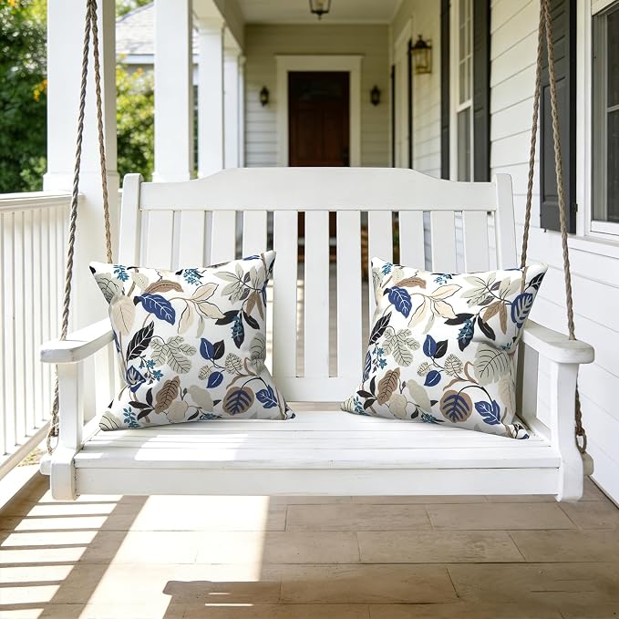 LVTXIII Outdoor Throw Pillows, Decorative Throw Pillows with Inserts, 16"x16" Square Pillows for Bed, Couch, Sofa and Patio Furniture, Set of 2, Breeze Leaves Beige
